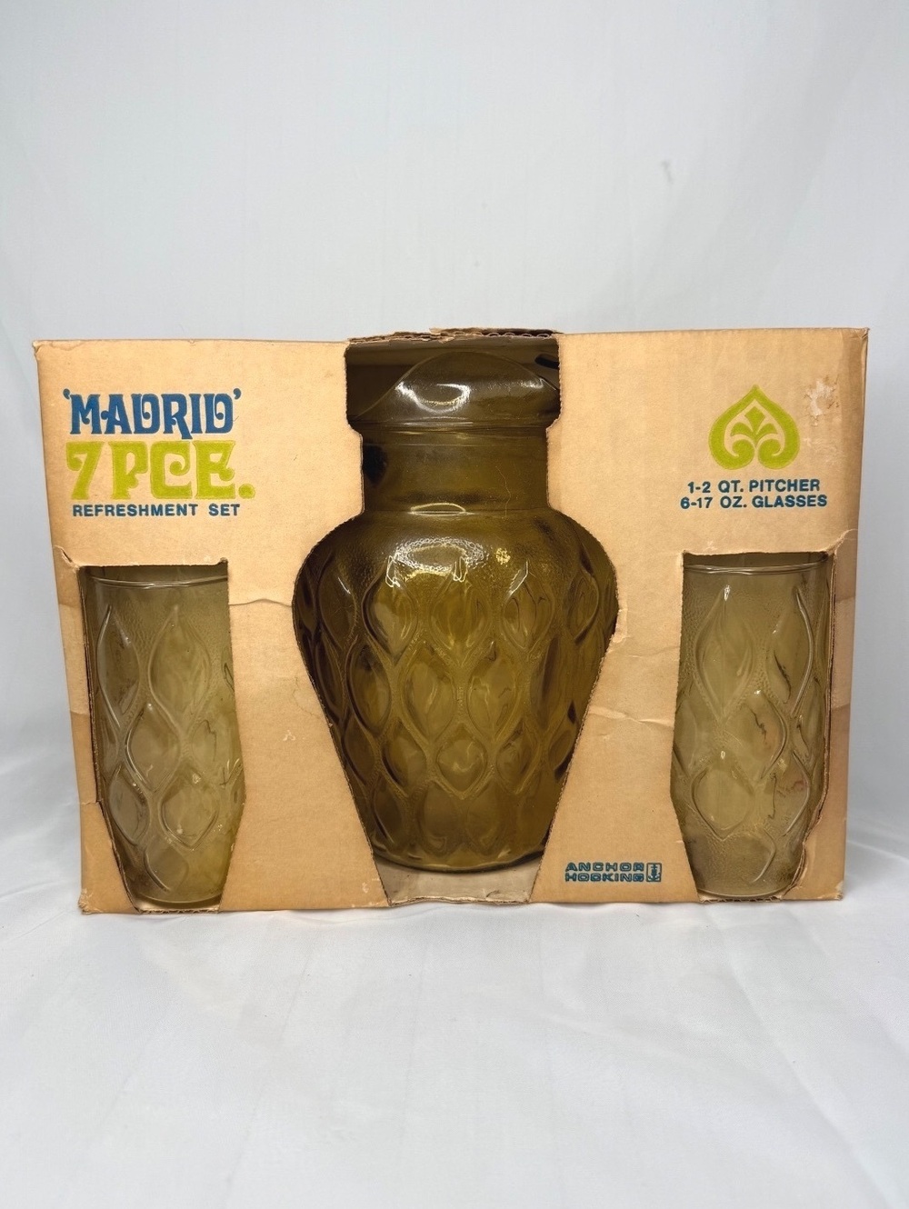 Vintage 1970s Anchor Hocking Madrid Gold 7 Pc Glass Set Pitcher 6 Tumblers